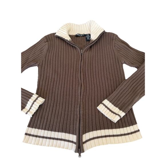 Contact New York Zippered Brown & White Knit Sweater Zip Cardigan Vintage Y2K - Picture 4 of 8